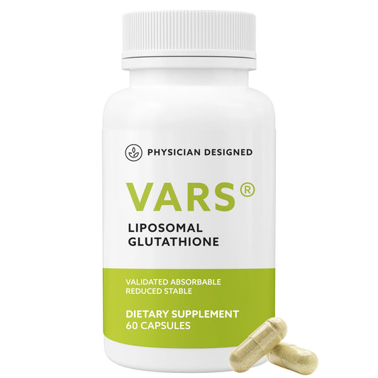 PD VARS Liposomal Glutathione capsules packaging displayed, emphasizing trusted brand and quality.