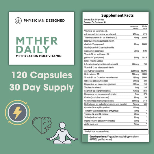 PD VARS MTHFR Daily Multivitamin bottle-label-closeup highlighting methylated B-complex benefits.