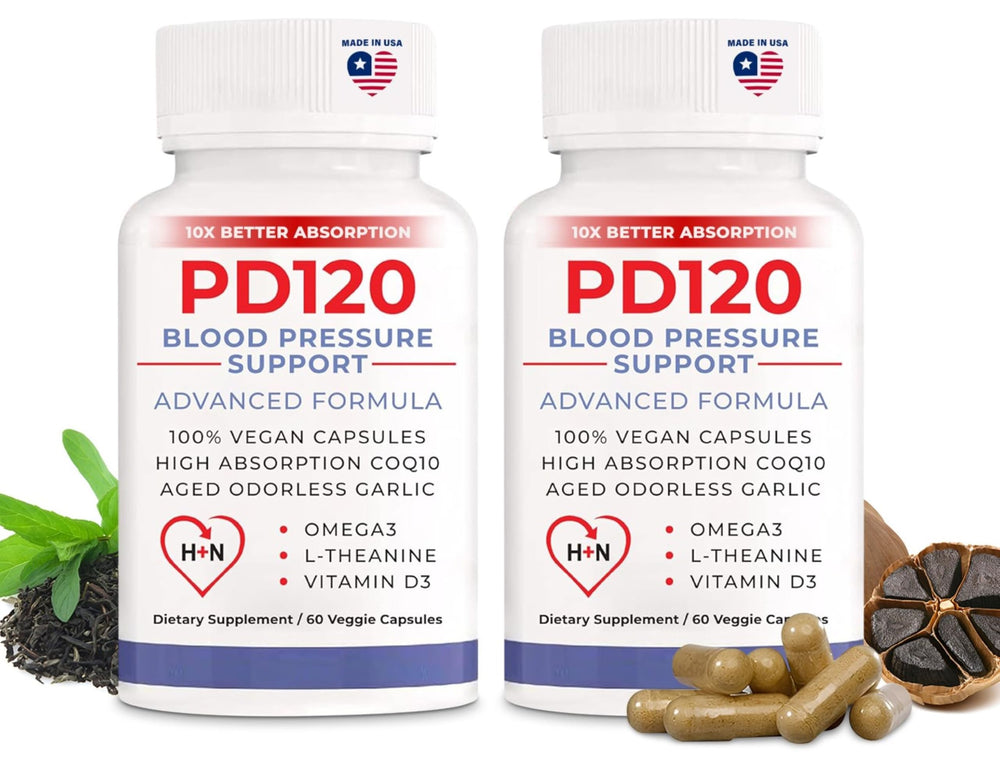 PD120 bottle display showing convenient daily blood pressure support.