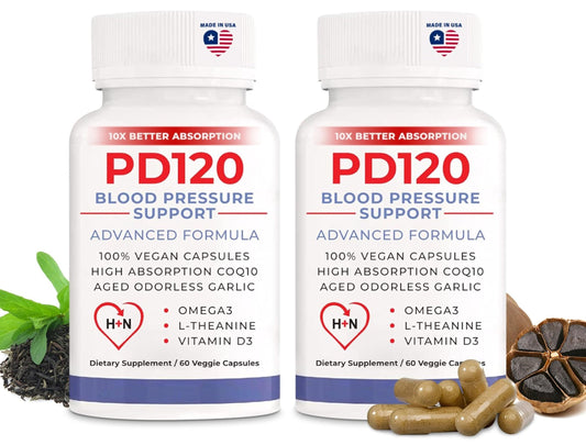 PD120 bottle display showing convenient daily blood pressure support.