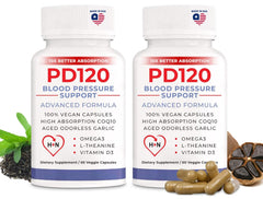 PD120 bottle display showing convenient daily blood pressure support.