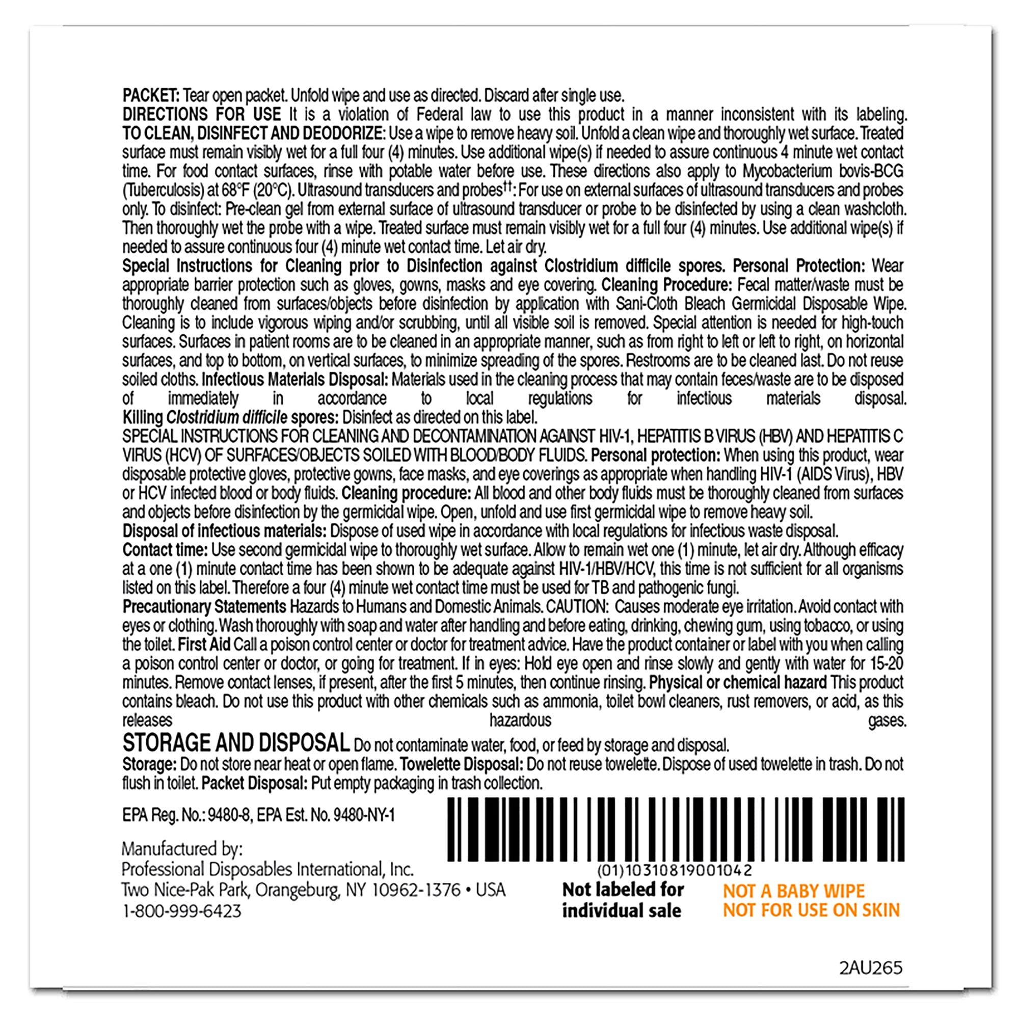 PDI Sani-Cloth Bleach Wipe packaging closeup showing size 11.5 x 11.75 inches.