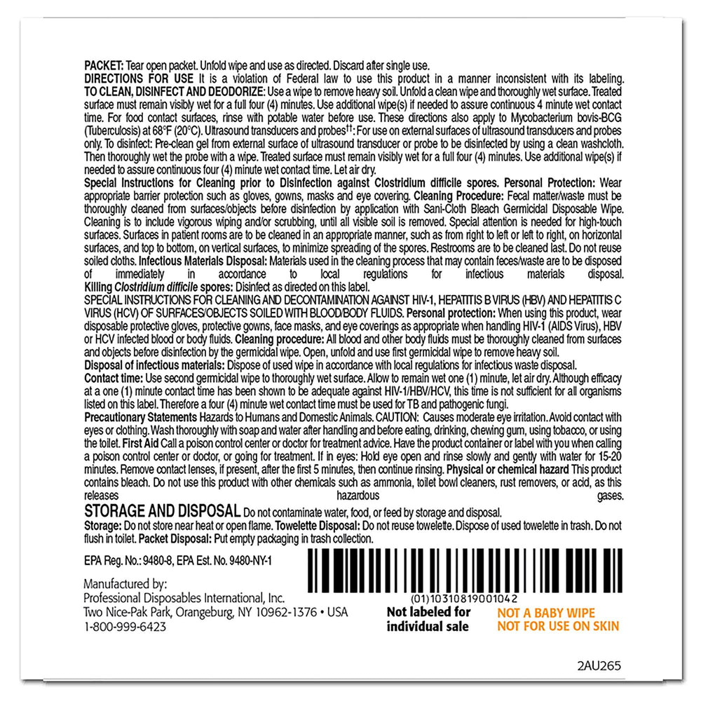 PDI Sani-Cloth Bleach Wipe packaging closeup showing size 11.5 x 11.75 inches.