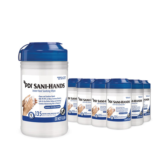 PDI Sani-Hands canister close-up shows durable packaging for quick sanitizing.
