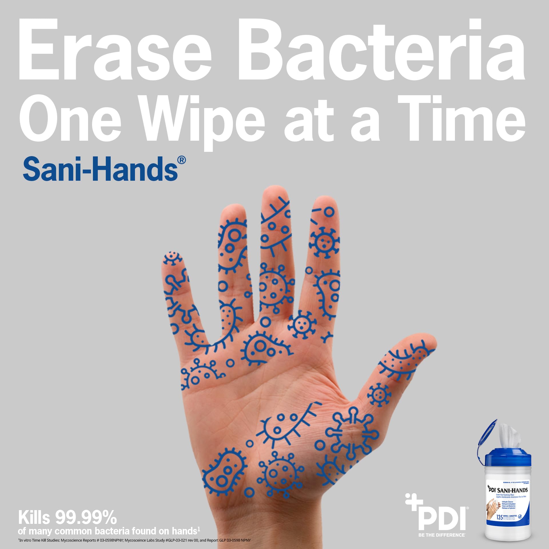 PDI Sani-Hands packaging display with 12 canisters for workplace use.