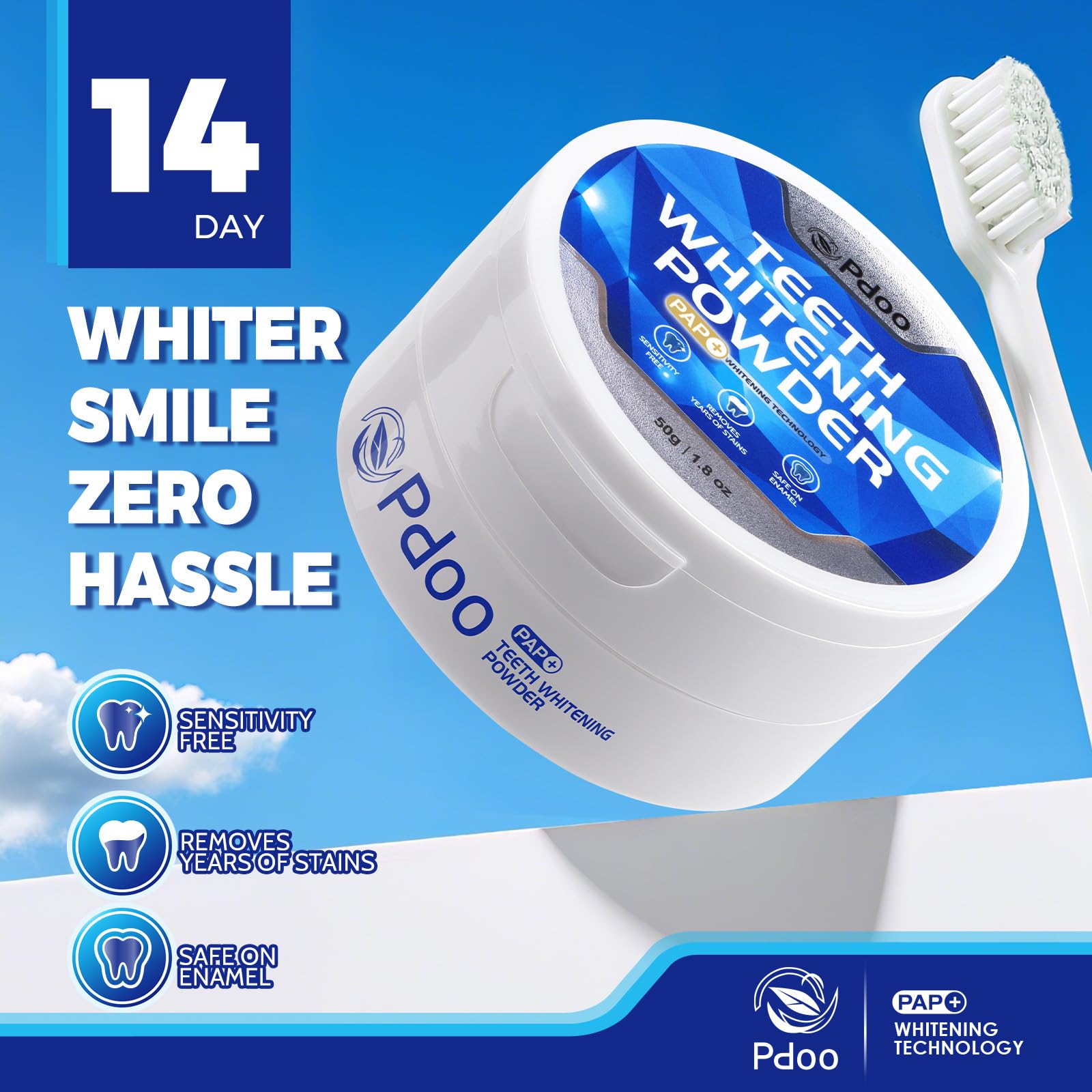 Textured powder detail highlights PAP actives and gentle stain lifting.