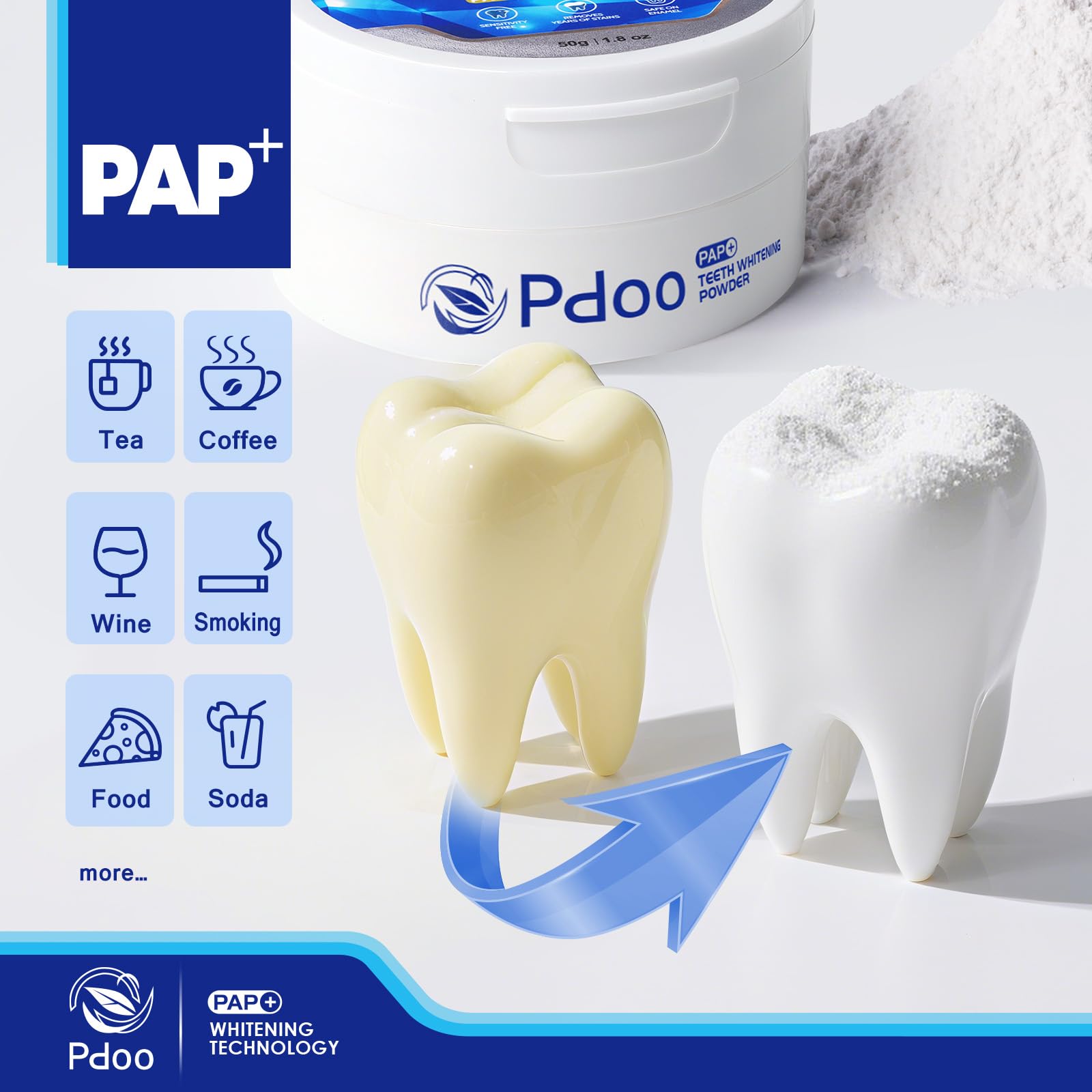 Pdoo whitening powder used with toothpaste during a routine brushing session.