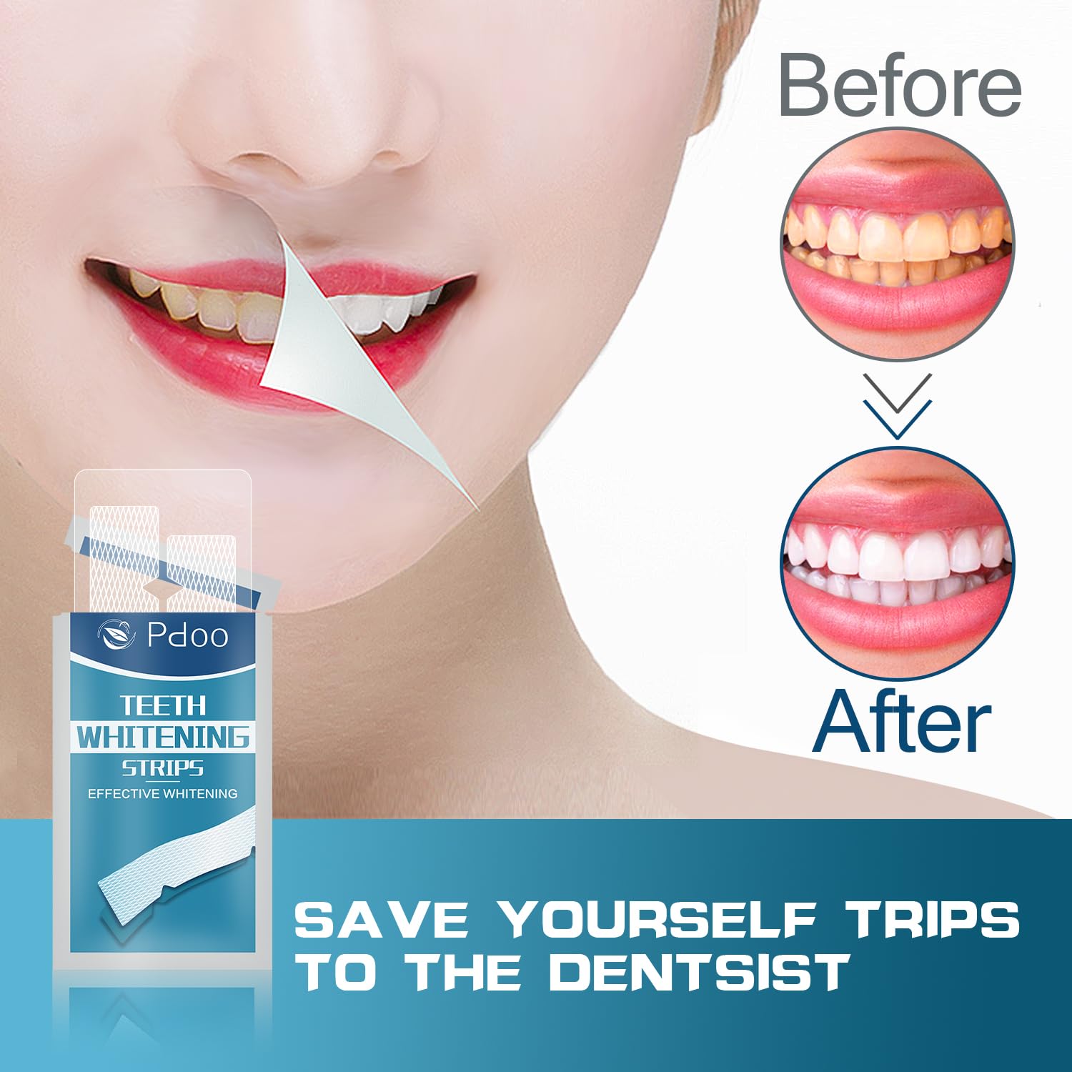 Pdoo Teeth Whitening Strip before-after image shows potential stain removal results