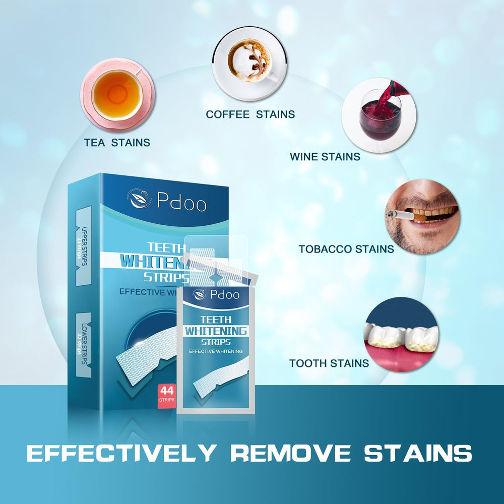 Pdoo Teeth Whitening Strip pack shot emphasizes easy storage and travel-friendly kit