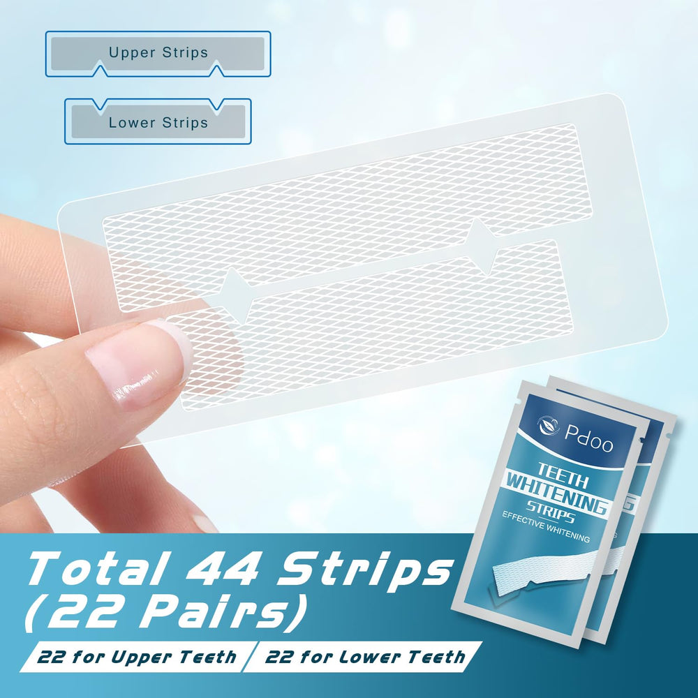 Pdoo Teeth Whitening Strip usage graphic highlights 22 treatments for ongoing whitening