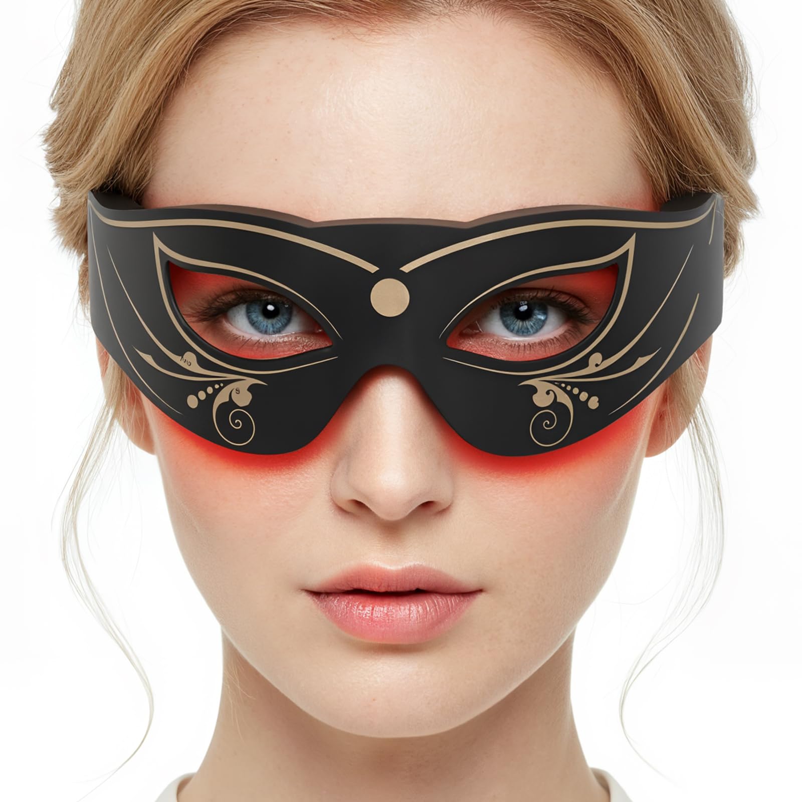 PDTVERA LED Eye Mask applying red light therapy for refreshed eyes and reduced puffiness.