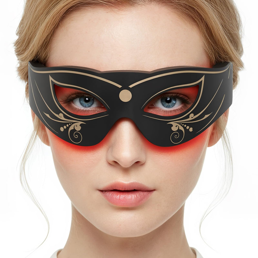 PDTVERA LED Eye Mask applying red light therapy for refreshed eyes and reduced puffiness.