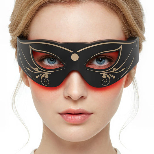PDTVERA LED Eye Mask applying red light therapy for refreshed eyes and reduced puffiness.