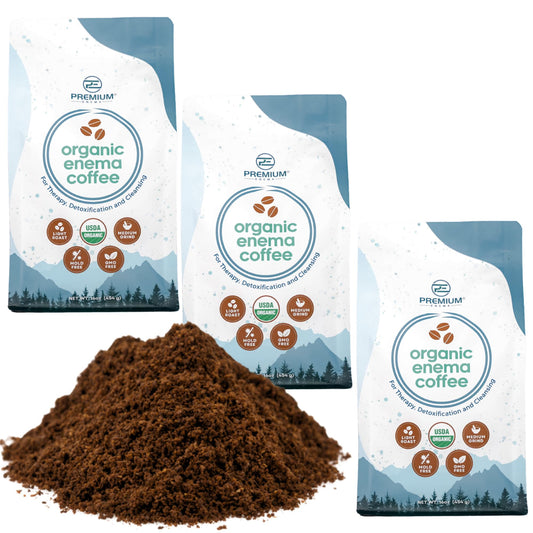 PE Premium Enema organic coffee front label highlights quality and consistency for regular use.