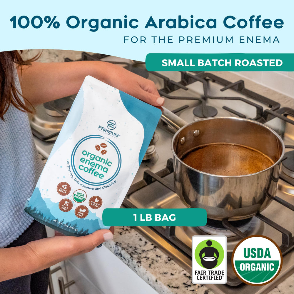 PE Premium Enema coffee grounds close-up shows rich texture for smooth infusion.