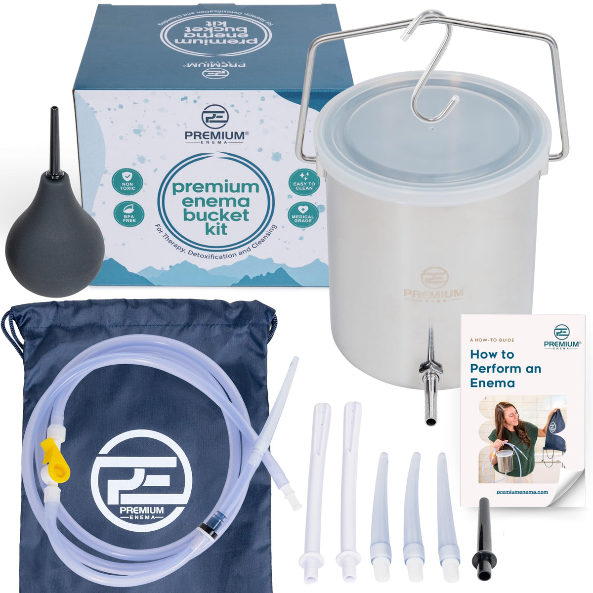 PE Premium Enema stainless steel bucket with lid for durable, hygienic sessions.
