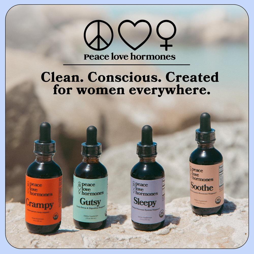 peace. love. hormones Sleepy bottle on dresser supports skin clarity in evenings