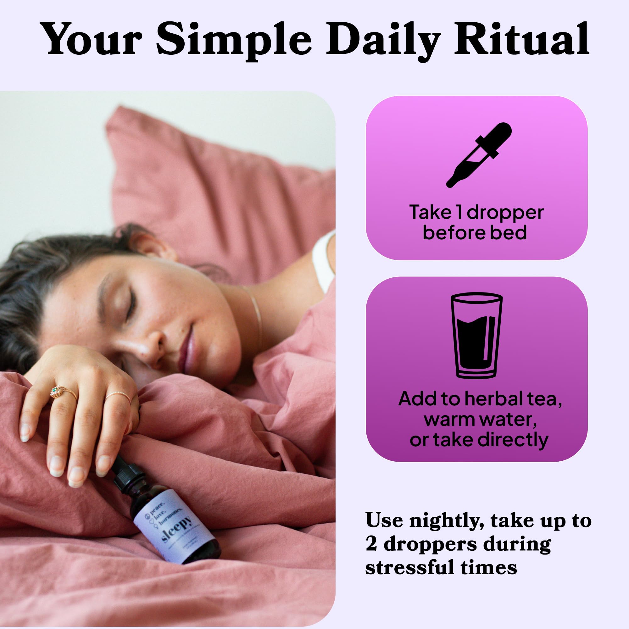 peace. love. hormones Sleepy valerian-ashwagandha ingredients highlight calming synergy