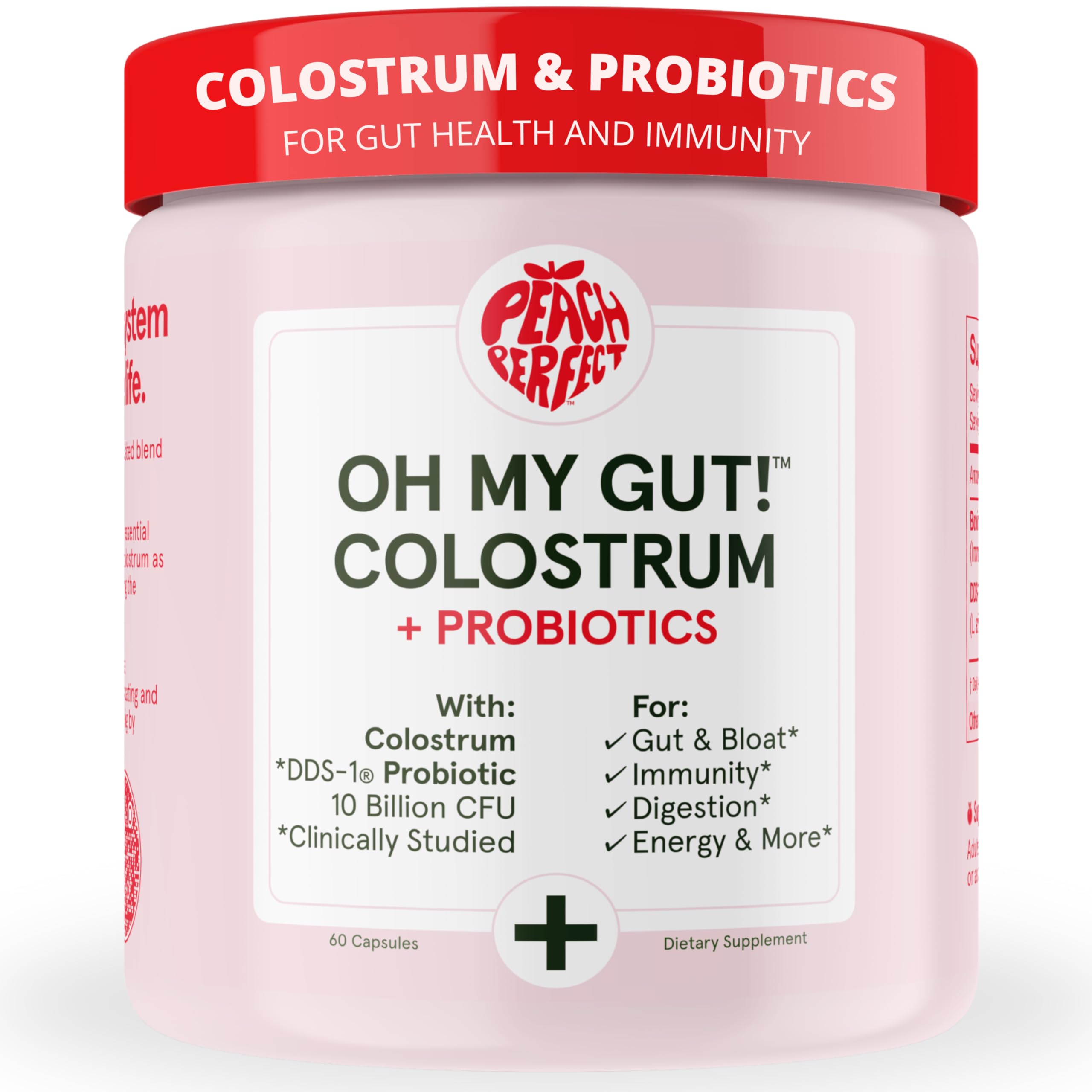 Peach Perfect Colostru capsules bottle supports gut health and daily vitality