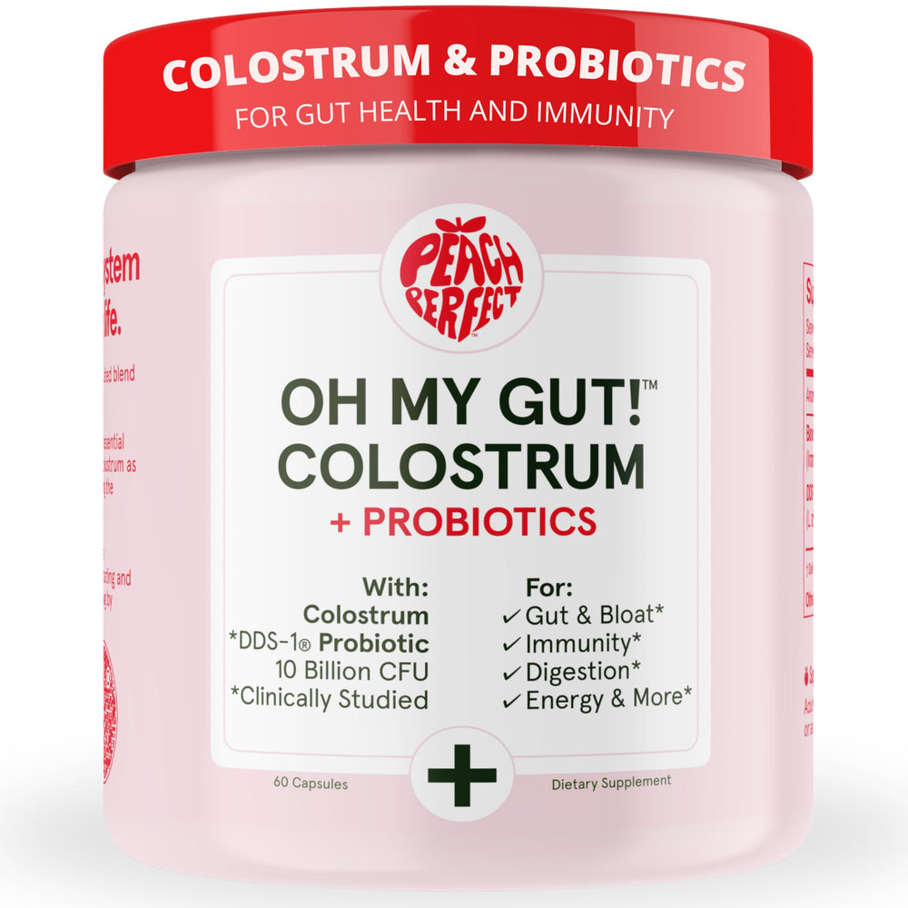 Peach Perfect Colostru capsules bottle supports gut health and daily vitality