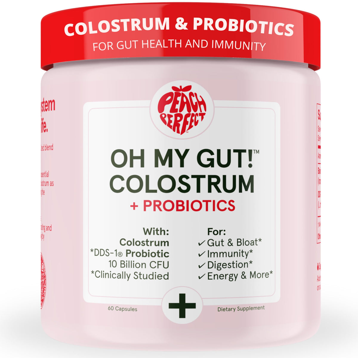 Peach Perfect Colostru capsules bottle supports gut health and daily vitality
