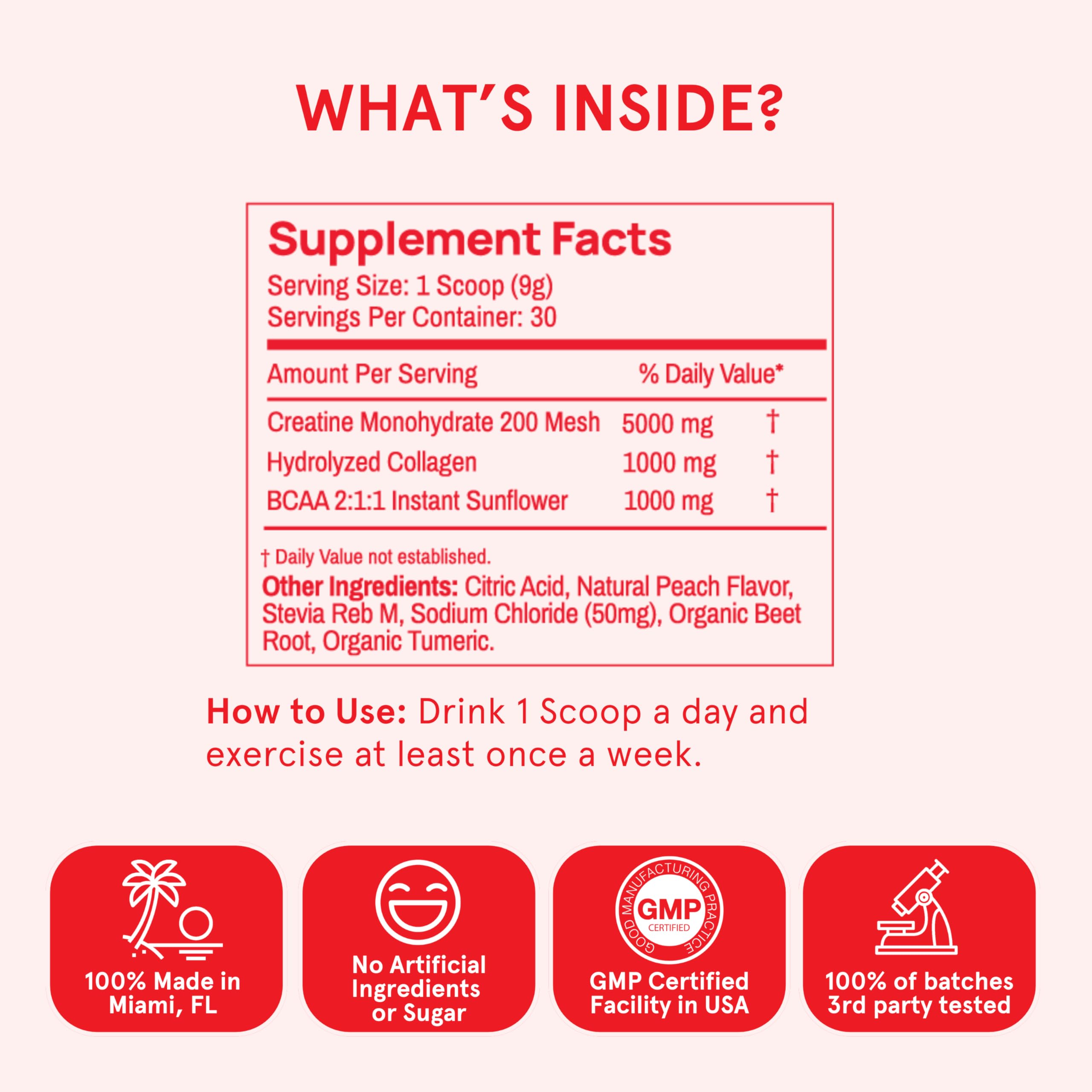 Peach Perfect creatine mixed in water delivers a smooth, non-gritty pink lemonade shake.