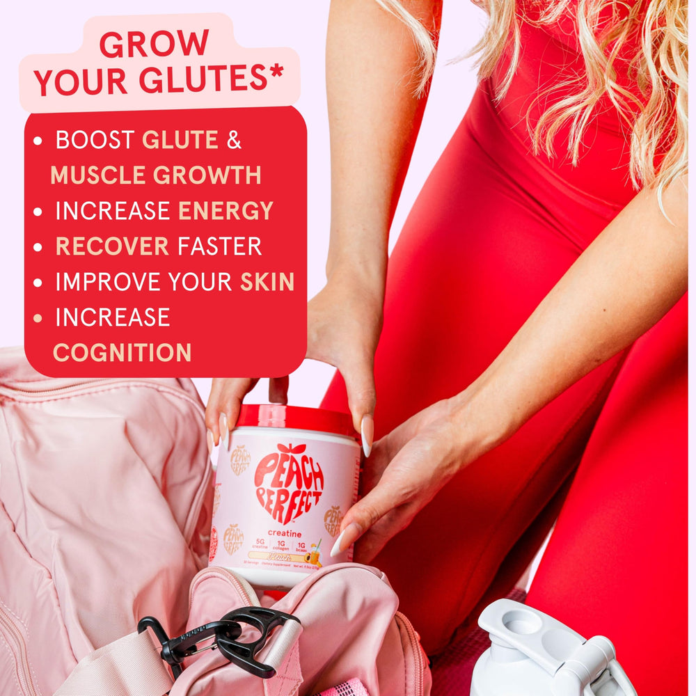 Serving scoop included with Peach Perfect creatine powder for precise measurements.
