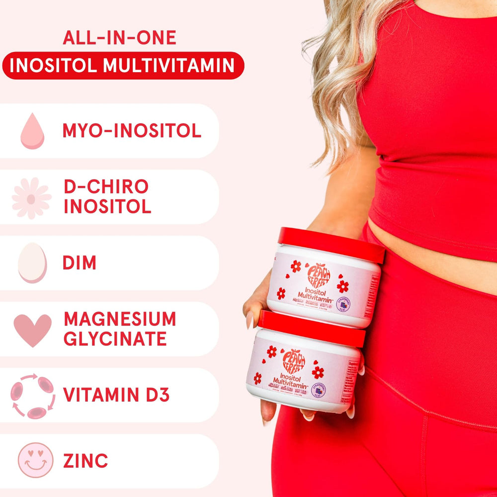 Peach Perfect Inositol Powder jar closeup shows premium packaging.