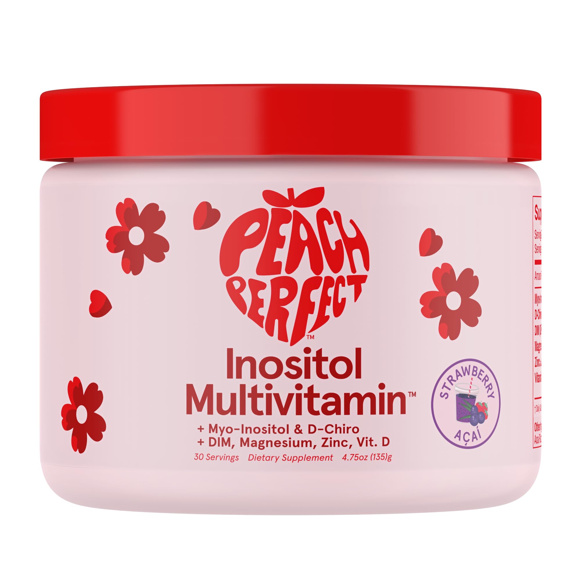 Peach Perfect Inositol Powder bottle highlighting strawberry acai flavor for daily wellness.