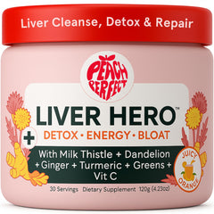 Peach Perfect Liver Hero bottle being poured for daily detox support.