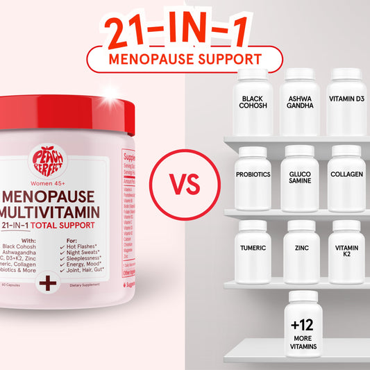Peach Perfect menopause multivitamin bottle label close-up highlights key ingredients