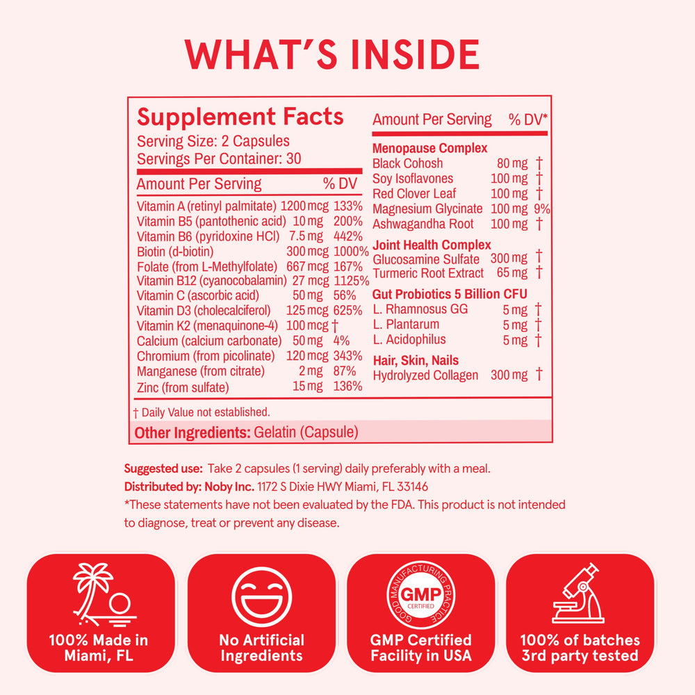 Peach Perfect menopause multivitamin bottle with glass of water ready for daily energy support
