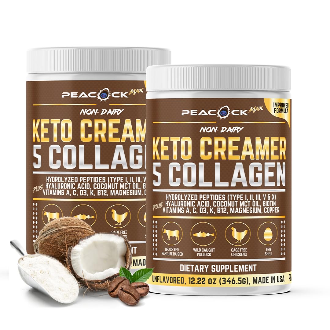 Peacock Max collagen keto creamer bottle ready for sugar-free coffee boost.