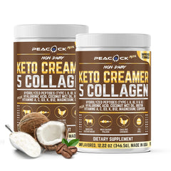Peacock Max collagen keto creamer bottle ready for sugar-free coffee boost.