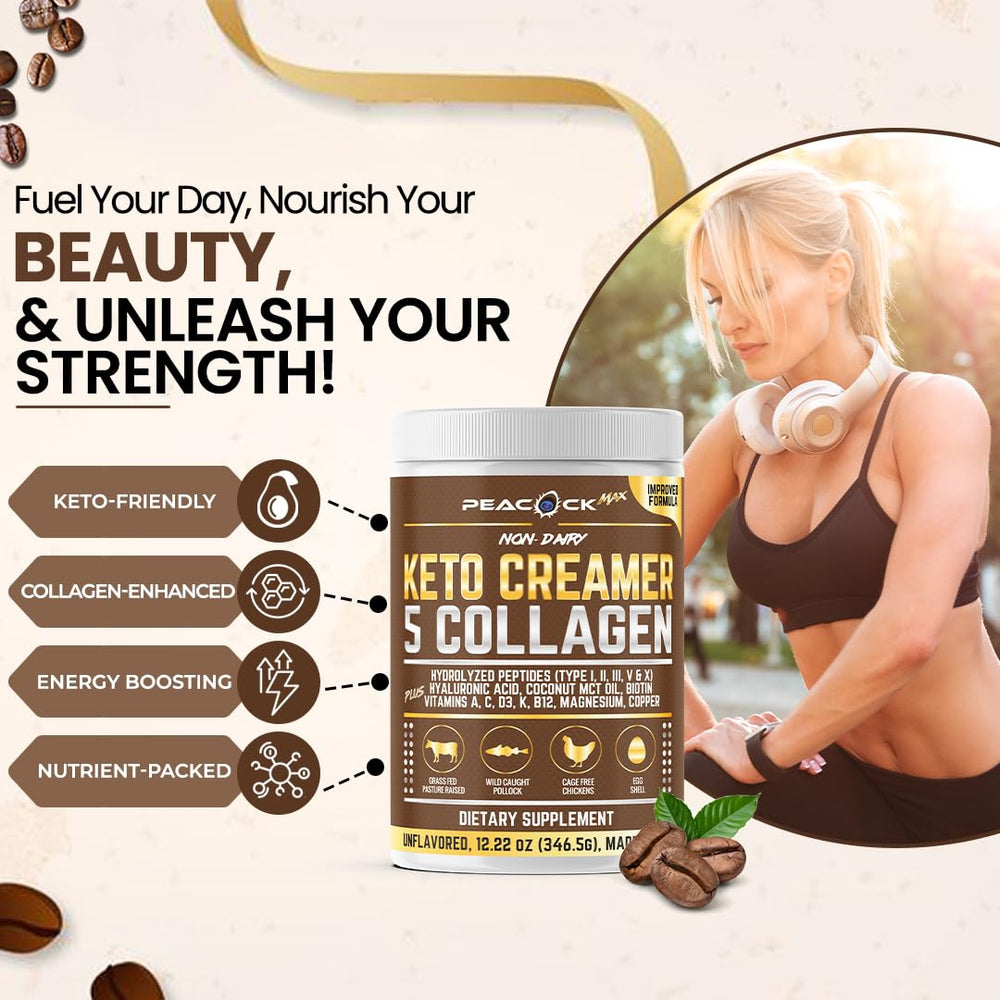Peacock Max hydrolyzed collagen peptides powder being poured into a cup.