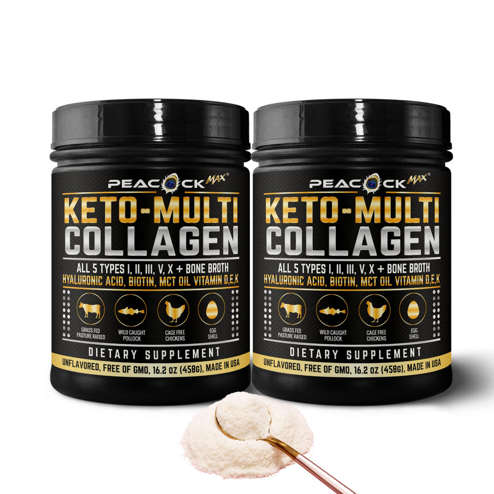 Peacock Max Keto Multi Collagen bottle front shows keto-friendly protein blend for joint and skin support.