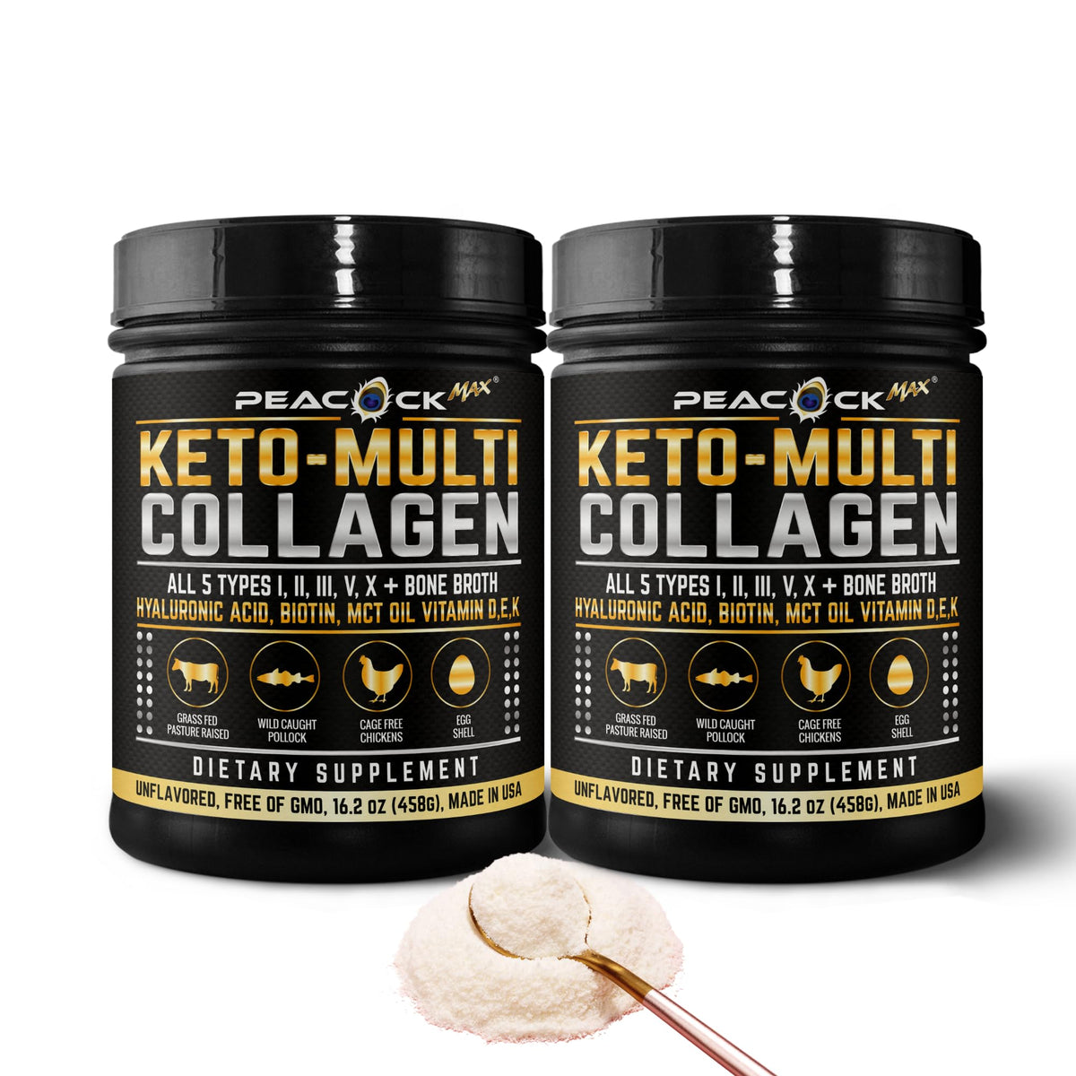 Peacock Max Keto Multi Collagen bottle front shows keto-friendly protein blend for joint and skin support.
