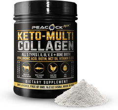 Peacock Max Keto Multi Collagen bottle pour showing convenient daily serving for wellness.
