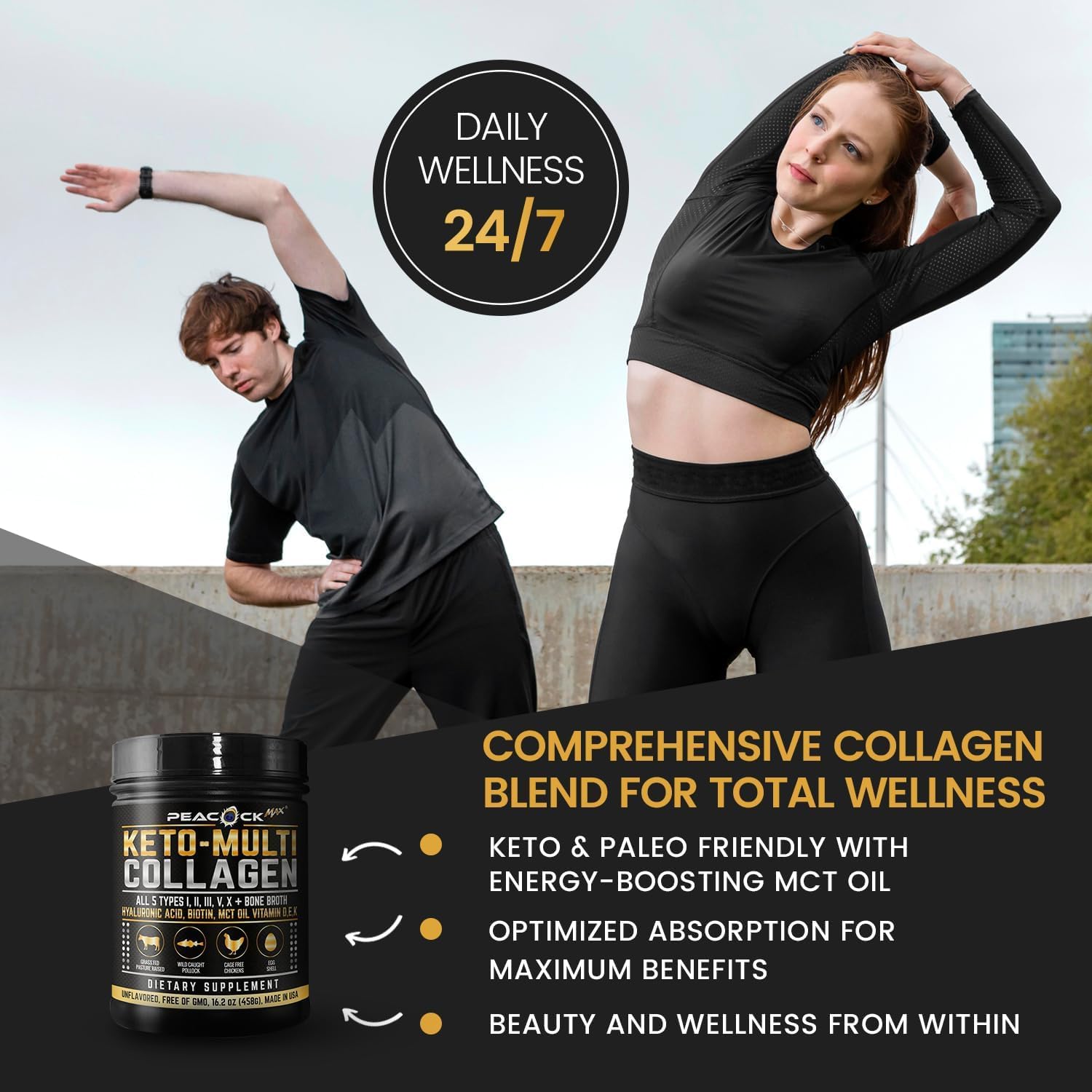 Peacock Max Keto Multi Collagen keto-paleo-friendly formula on kitchen shelf.