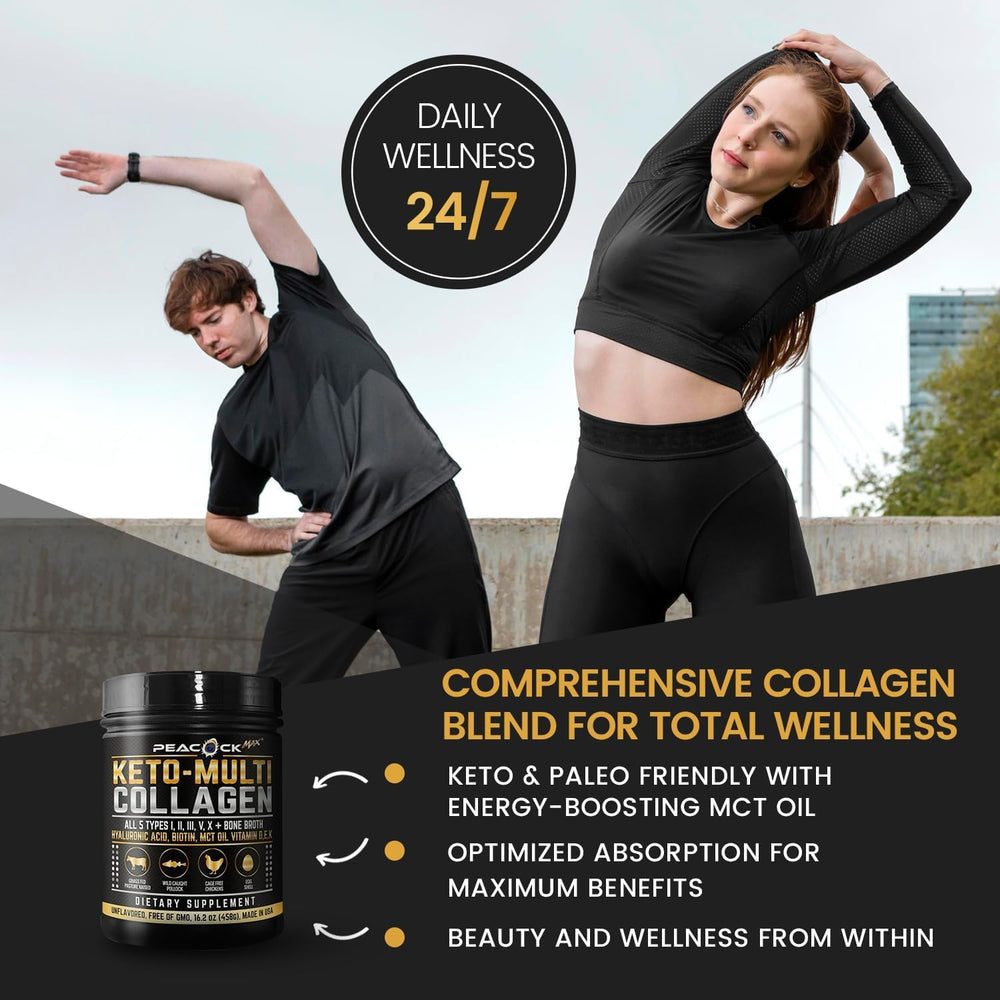 Peacock Max Keto Multi Collagen keto-paleo-friendly formula on kitchen shelf.