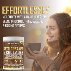 Peacock Max smoothie being blended with collagen creamer for a protein-rich drink.