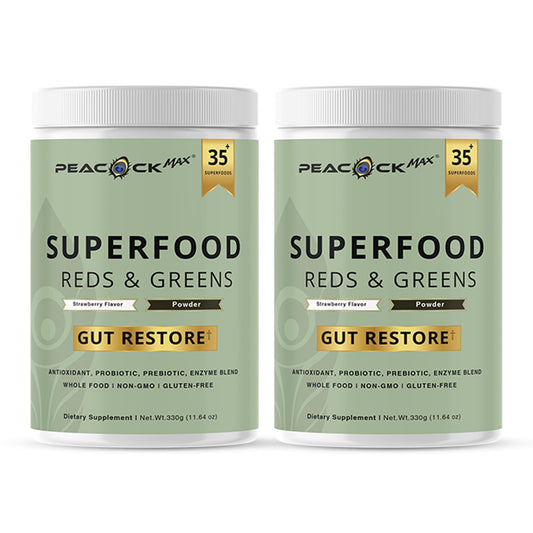 Peacock Max superfood red-green powder bottle promotes plant-based daily wellness.