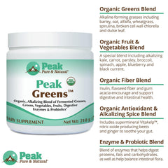 Peak Greens label close-up confirms gluten-free and non-GMO certifications