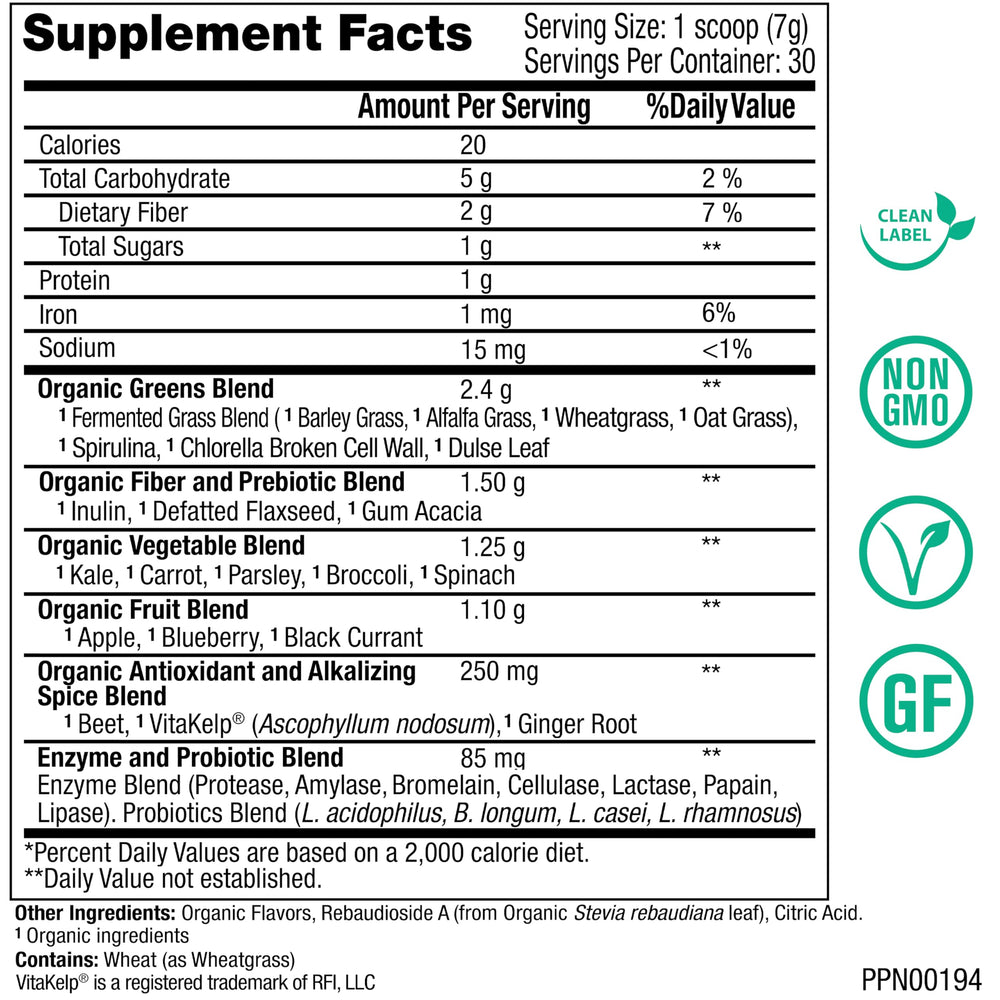 Peak Greens tub scoop shows easy measurement for probiotic fiber support