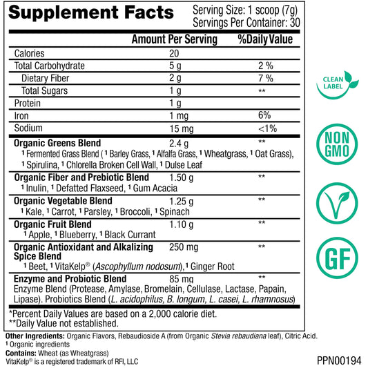 Peak Greens tub scoop shows easy measurement for probiotic fiber support