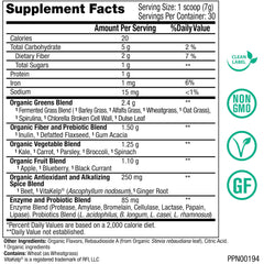 Peak Greens tub scoop shows easy measurement for probiotic fiber support