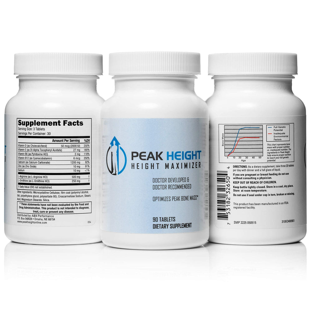 Peak Height six-month supply pack bottles shown for a daily routine.