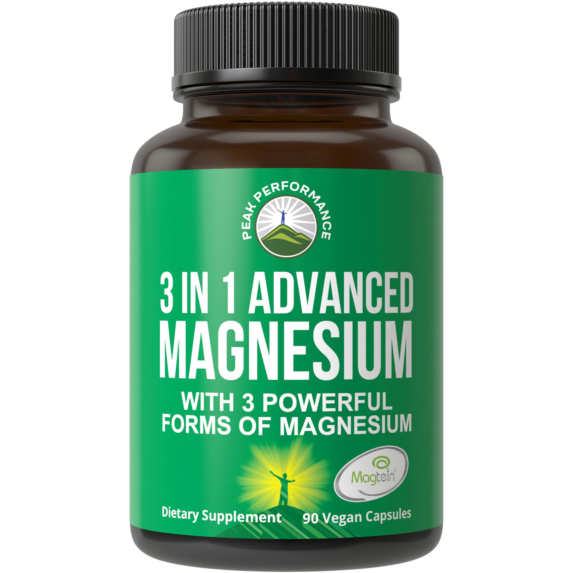 Peak Performance 3-in-1 Magtein bottle showing brain-supporting magnesium in a convenient capsule.