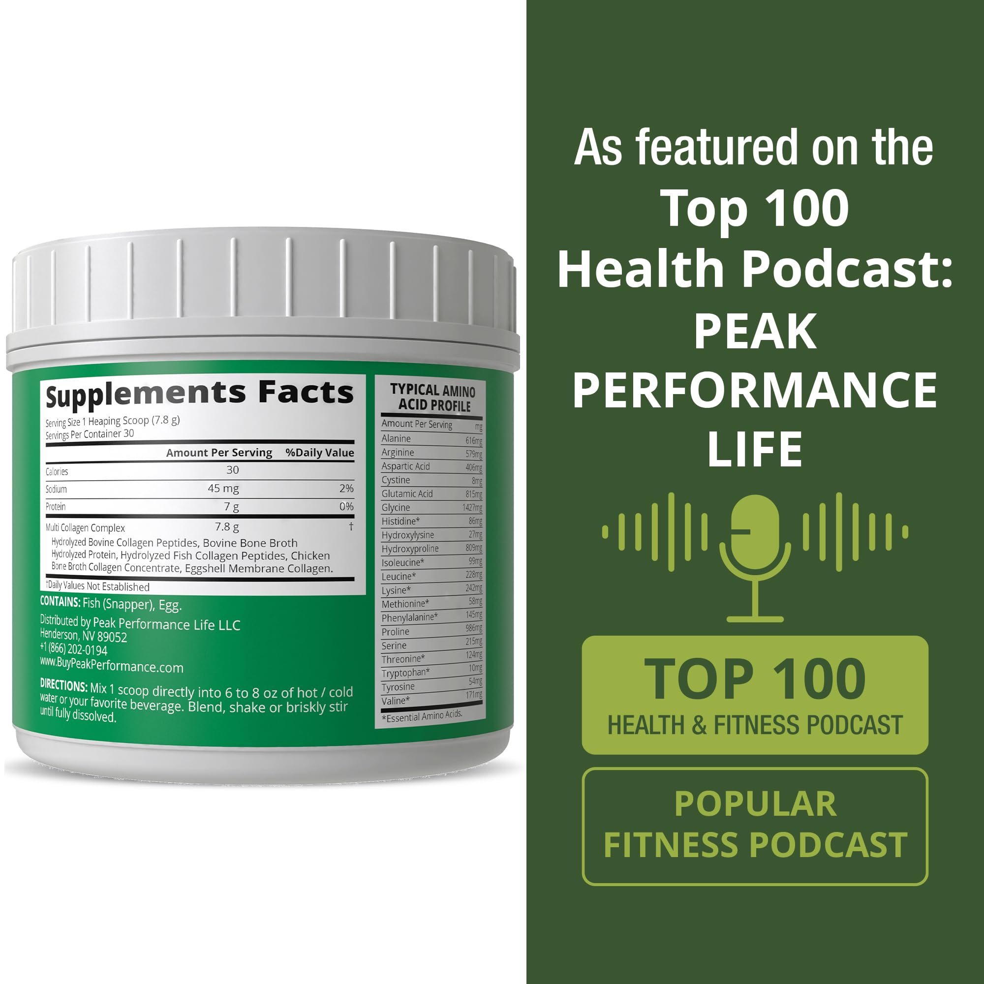 Peak Performance All 5 Multi-Collagen close-up of hydrolyzed collagen sources