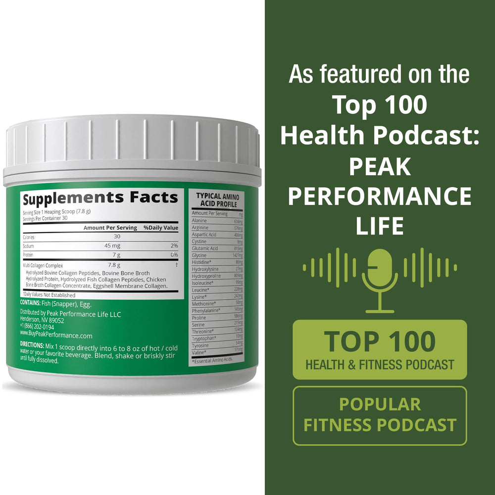 Peak Performance All 5 Multi-Collagen close-up of hydrolyzed collagen sources